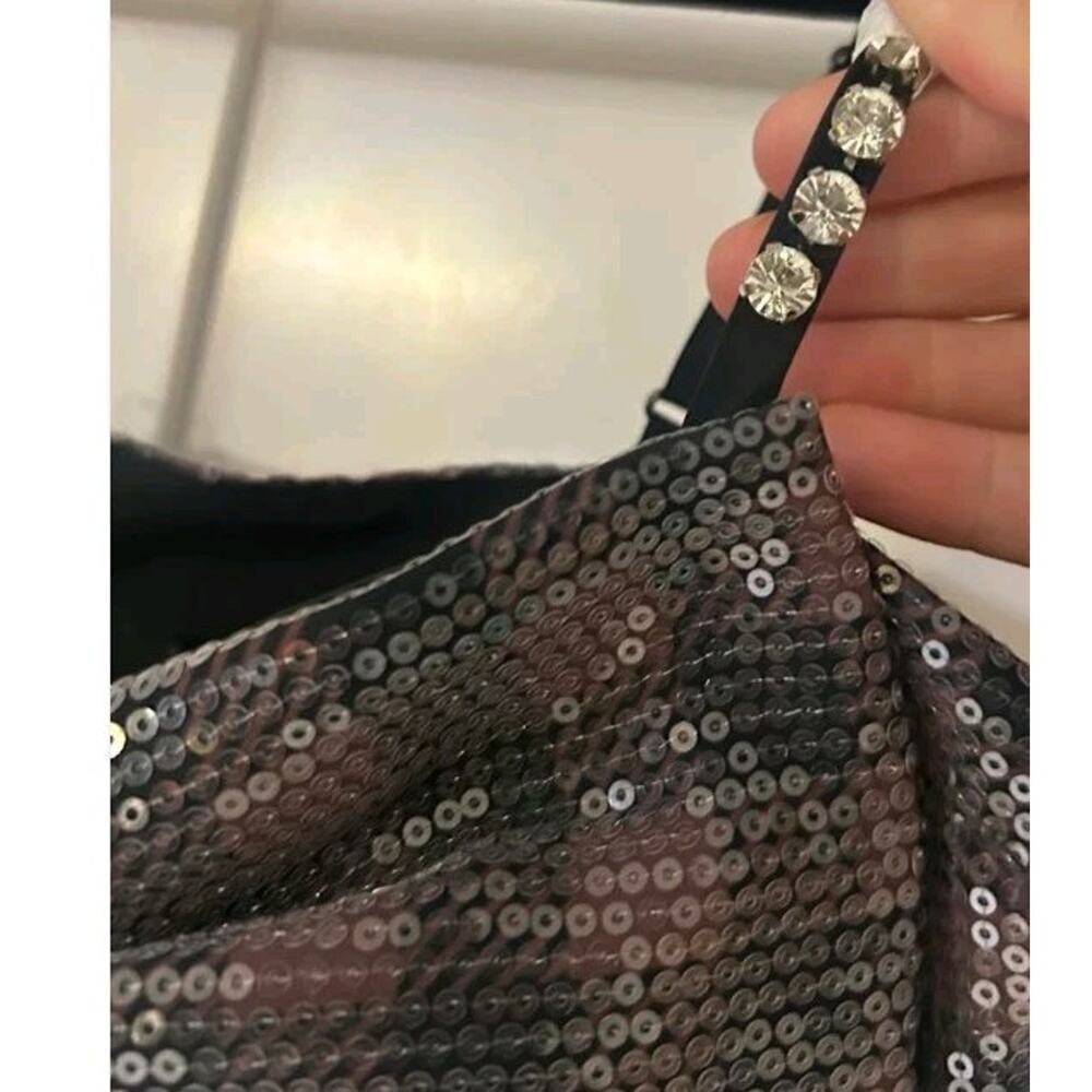 Johnny Wujek Sequin Crop Top Bow Front Zip Back Jrs Sz 11 Plaid Black Brown GLAM - Picture 3 of 15